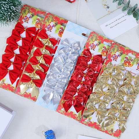 Mini Christmas Bows Flocked Glitter Metallic Fabric For Tree Ornaments Wreath Garland Festive Decoration Multi Color