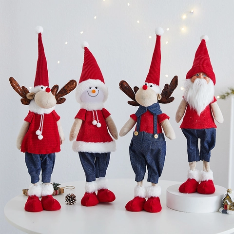 Standing Christmas Figures Santa Claus Reindeer Snowman Plush Dolls Knitted Fabric Holiday Home Decor Window Ornaments