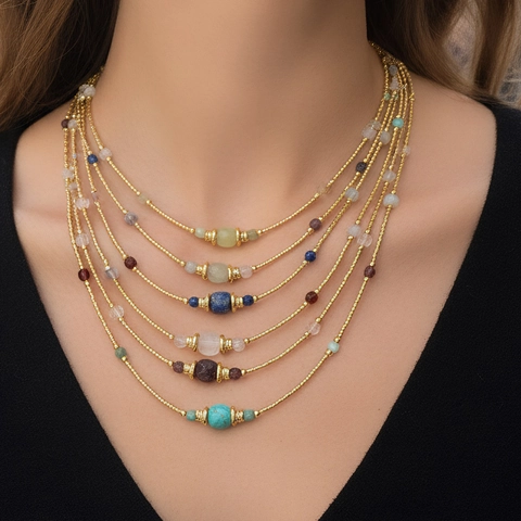 Bohemian Handmade Copper Beaded Necklace For Women Vintage Natural Stone Quartz Choker Clavicle Chain Jewelry Gift