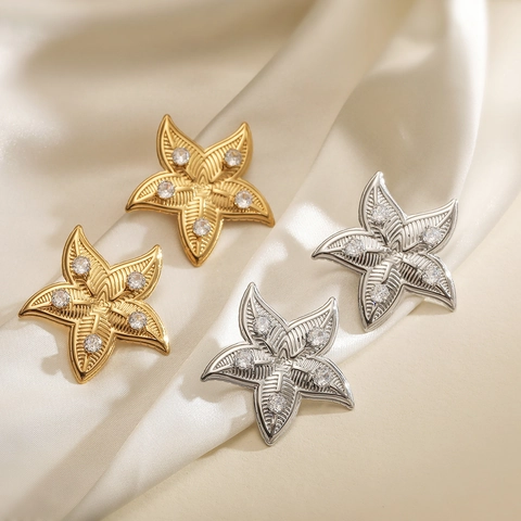 Starfish Shaped Stainless Steel Stud Earrings With Zirconia Inlaid Gold Silver Plated Modern Fashion Jewelry For Women