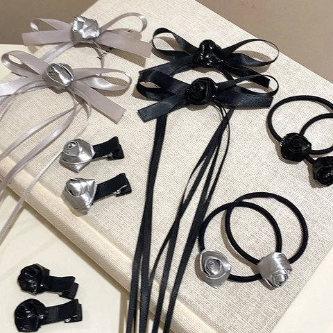 Rosenblüte Schleife Haarklammern Und Satin Lange Band Haargummis Elegante Balletcore Haar Accessoires Für Frauen