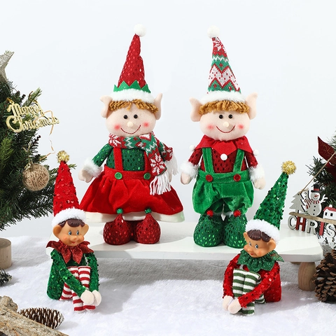 Christmas Elf Doll Decorations Sequin Cloth Plush Knitted Telescopic Sitting Standing Festive Home Window Table Ornament