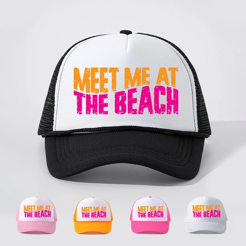 Meet Me At The Beach Trucker Hat Polyester Mesh Ademend Gebogen Rand Verstelbare Snapback Zomer Zonbescherming Pet