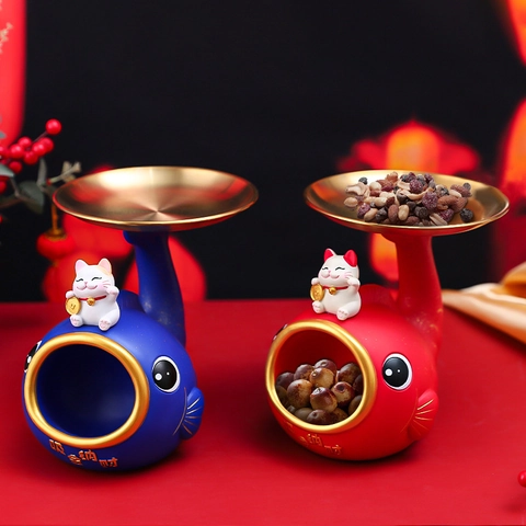 Lucky Koi Fish Fortune Cat Resin Storage Tray Ornament Desk Key Jewelry Snack Organizer Modern Feng Shui Home Decoration