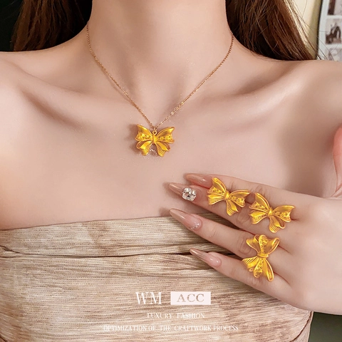 Vlinderstrik Sieraden Ketting Ring En Oorbellen Legering Verguld Filigraan Met Zilveren Oorbelsteker Voor Dames