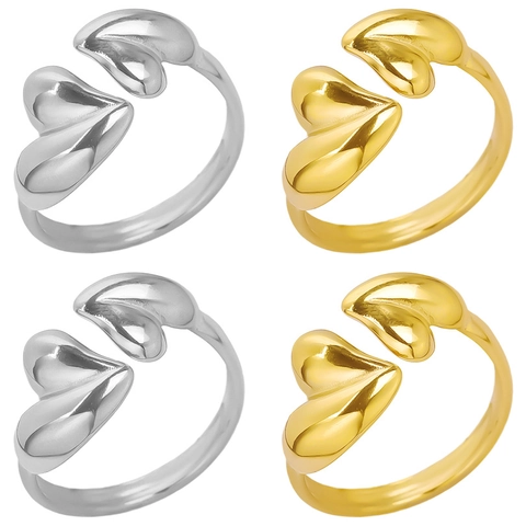 Double Heart Open Ring 304 Stainless Steel 18K Gold Plated Adjustable Polished Minimalist Fashion Jewelry For Women
