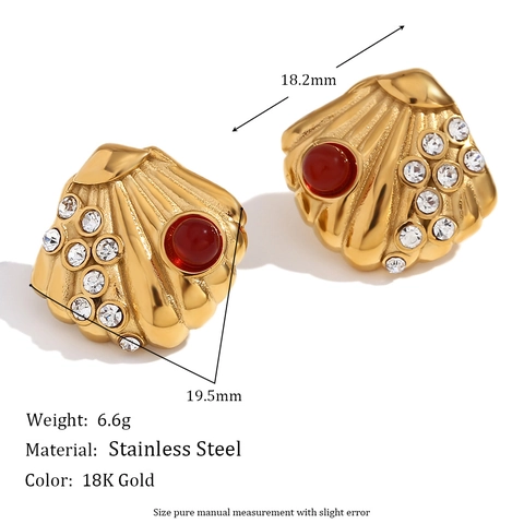 Pendientes De Botón De Concha De Vieira Acero Inoxidable Chapado En Oro De 18K Con Piedra Roja Diamantes De Imitación Para Mujer