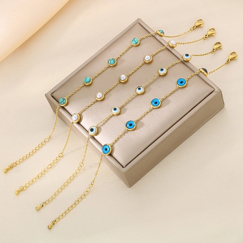 Bracciale in Acciaio Inossidabile Malocchio per Donna Catena Sottile Placcata Oro Con Perla Artificiale Turchese Sintetico