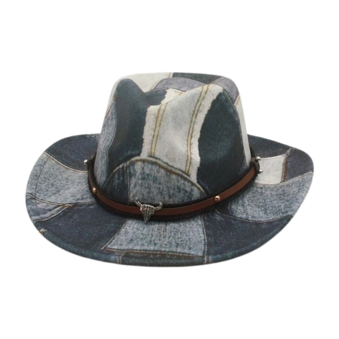 Western Cowboy Hat Denim Patchwork Vintage Jazz Cap With Metal Bull Head Rivets Wide Brim Sun Protection Outdoor Travel