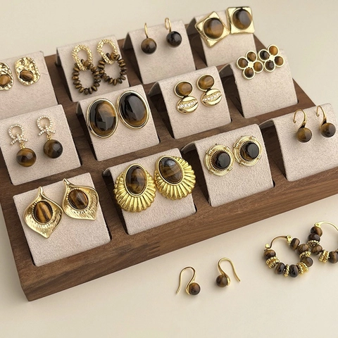 Tiger Eye Stone Earrings Vintage Geometric Round Studs Gold Plated With 925 Sterling Silver Earring Post For Women