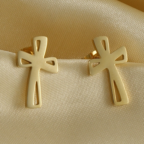 Boucles D'oreilles Puces Croix Ankh Or 18K Plaqué Acier Titane Creux Design Géométrique Bijoux Pour Femmes