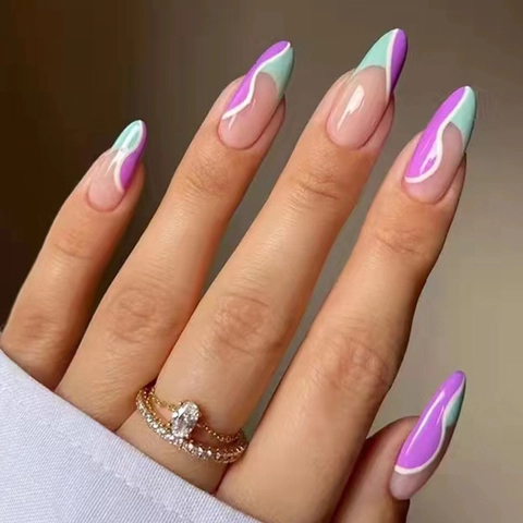 Unghie Finte Press On Forma Mandorla Motivo Astratto Onde Viola Verde Bianco Lucido Rimovibili Per Donna