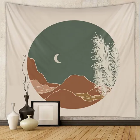 Tapiz De Pared Bohemio Paisaje Abstracto Montaña Luna Arte Circular Poliéster Decoración De Habitación Minimalista