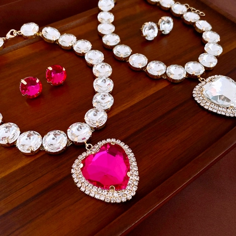 Heart Shape Rhinestone Pendant Necklace And Earrings Vintage Luxury Alloy Clavicle Chain Fashion Jewelry For Women