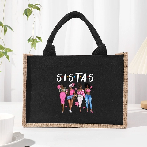 Women Canvas Jute Tote Bag Floral Letter Print Large Capacity Handbag Casual Shopping Travel Portable Splicing Design