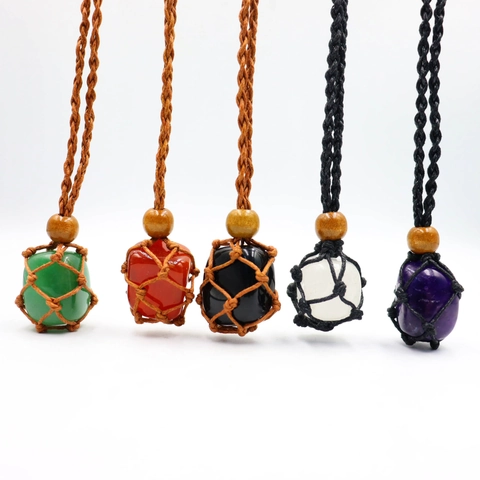 Collana Con Pendente In Pietra Naturale E Cristallo Sacchetto A Rete Intrecciato A Mano Catena Regolabile Gioielli