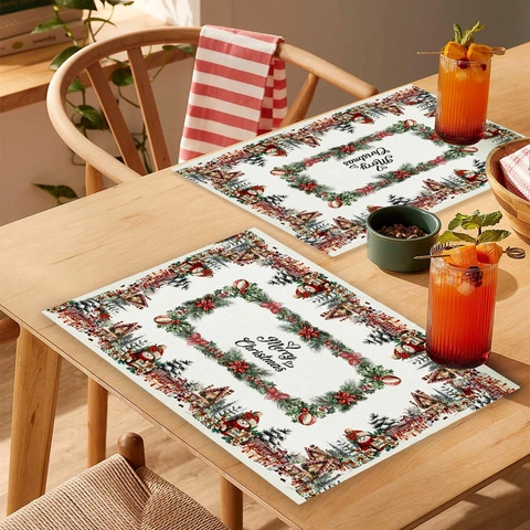 Christmas Placemats Waterproof Linen Cotton Heat Resistant Non-Slip Table Mats Snowman Santa Reindeer Festive Dining Decor