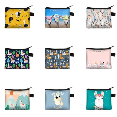 Cartoon Alpaca Llama Astronaut Print Coin Purse Polyester Canvas Small Zipper Pouch For Kids Students Key Card Holder
