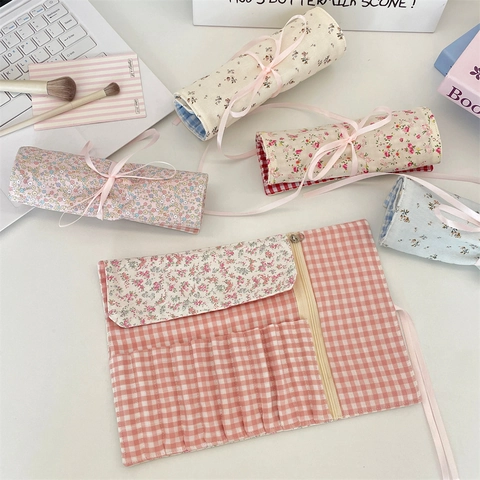 Rotolo Portapennelli Da Trucco Floreale Organizzatore Di Cosmetici Da Viaggio In Tessuto Con Nastro Fodera Gingham Tasca Con Zip
