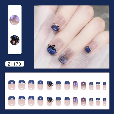Uñas Postizas Francesas Azul Ojo De Gato Plástico ABS Degradado Aurora Brillo Con Decoración Lazo 3D Perla Artificial Diamante De Imitación