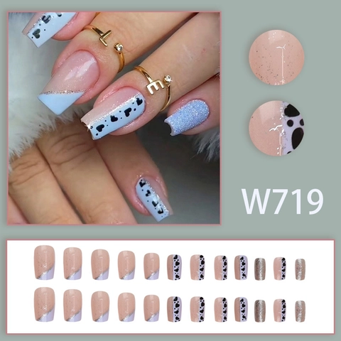 French Heart Pattern Press On Nails Medium Long Plastic Blue Pink Glitter Sparkling Fashion False Nails For Women