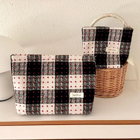 Beauty Case In Lana Retro A Quadri Pochette Per Trucco Vintage A Pois Organizzatore Da Toeletta Portatile Fodera In Tela Chiusura Con Cerniera