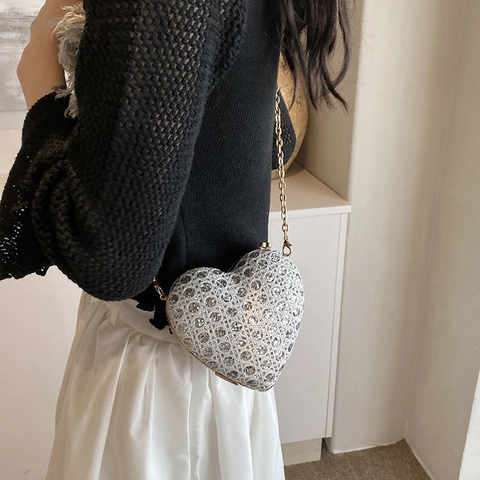 Borsa da Sera a Forma di Cuore con Strass per Donna Mini Borsa a Tracolla in Pelle PU con Cinghia a Catena Borsa da Festa