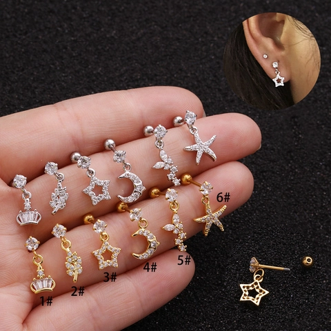 Cartilage Piercing Earring Stud Copper Zirconia Star Moon Crown Leaf Butterfly Sea Star Stainless Steel Screw Ball Back
