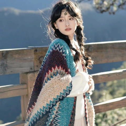 Châle Poncho Femme Ethnique Vintage Tricoté en Chaîne Bohème Motif Vagues Zigzag Cape à Franges Polyester Écharpe de Voyage