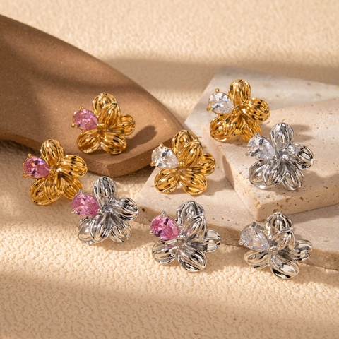 Orecchini A Lobo A Fiore In Acciaio Inossidabile Con Zirconia A Pera Retrò Francese Gioielli Floreali Eleganti Per Donna