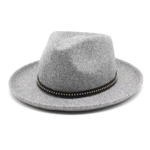 Retro Wool Felt Fedora Hat Wide Brim Rivet Leather Band Jazz Cap British Western Style Unisex Winter Autumn