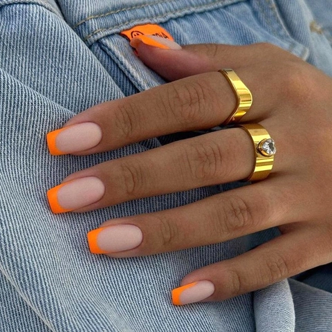 Unghie Finte French Opache Arancione Rosa Forma Quadrata Europea Manicure Fai Da Te Riutilizzabile Accessori Moda Per Donne