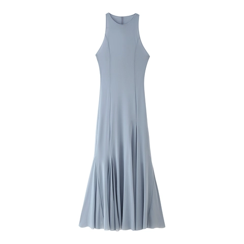 Elegant Mesh Maxi Dress Round Neck Sleeveless Pleated Mermaid Hem Solid Color Retro French Style Women