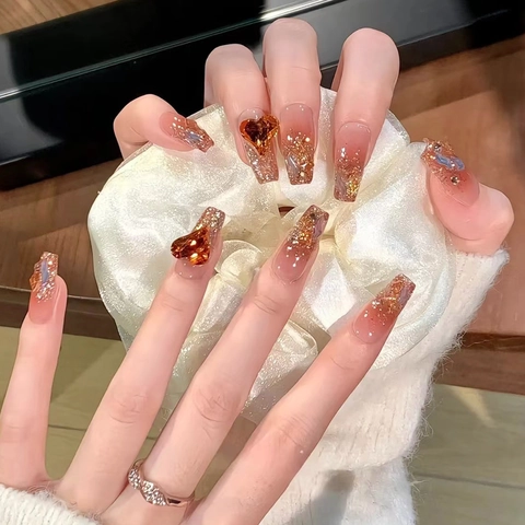 Französisch Verlauf Glitzer Press On Nägel Mit 3D Strass Und Herz Juwel Sarg Lange Künstliche Nägel Für Damen Luxus
