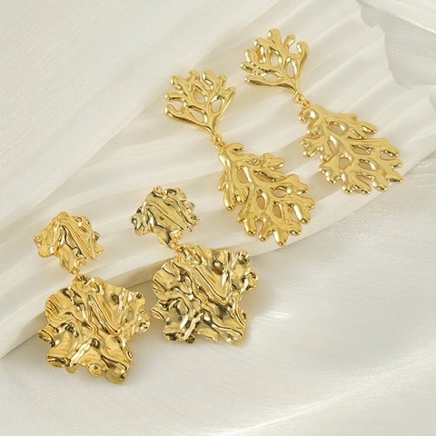 Vintage Unregelmäßige Lava Blatt Ohrhänger Für Damen 304 Edelstahl 18K Vergoldet Abstrakt Runzelig Schmuck