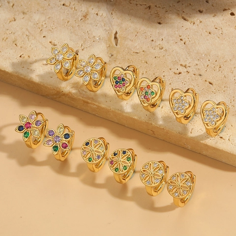 Orecchini a Cerchio Minimalisti in Rame a Forma di Fiore e Cuore Con Strass Personalizzati Piccoli Retro Raffinati Gioielli da Donna