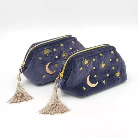 Samt Kosmetiktasche Stern Mond Stickerei Kulturbeutel Mit Quaste Große Kapazität Reise Toilettenorganizer Vintage Damen