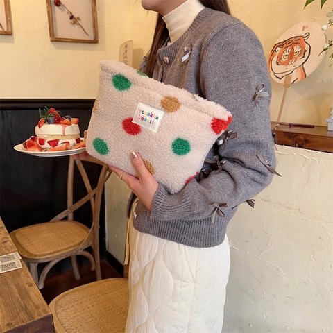 Large Capacity Plush Makeup Bag Sherpa Cosmetic Pouch Travel Toiletry Storage Organizer Soft Zipper Case For Women