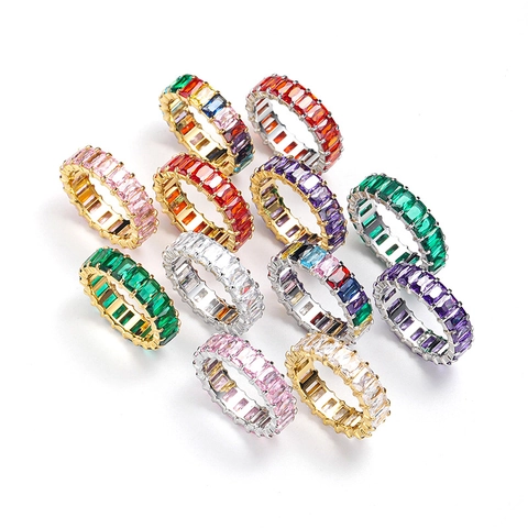 Baguette Cut Eternity Ring Titanium Steel Rainbow Zircon Colorful Minimalist French Style Jewelry For Women