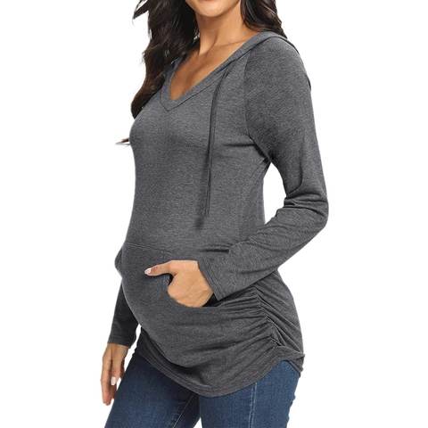 Maternity Hoodie Long Sleeve V Neck Ruched Side Kangaroo Pocket Polyester Spandex Solid Casual Pullover Top