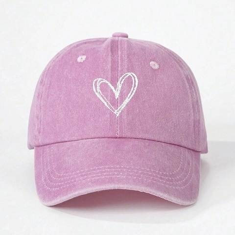 Vintage Washed Polyester Baseball Cap With Embroidered Heart Pattern Breathable Sunshade Casual Retro Adjustable Hat For Women