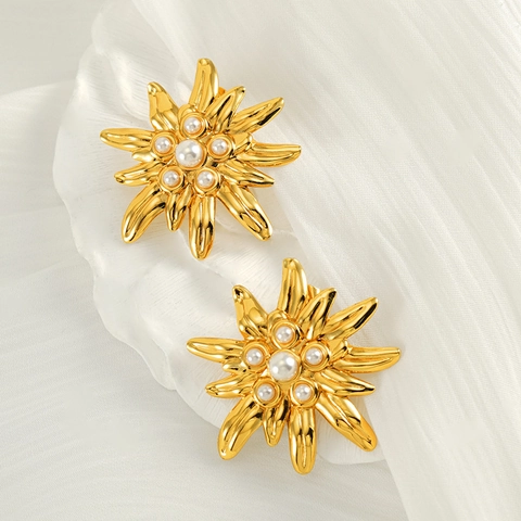 Orecchini A Lobo Vintage A Fiore In Acciaio Inossidabile Placcato Oro 18K Con Künstliche Perle Bianche Gioielli Geometrici Per Donna