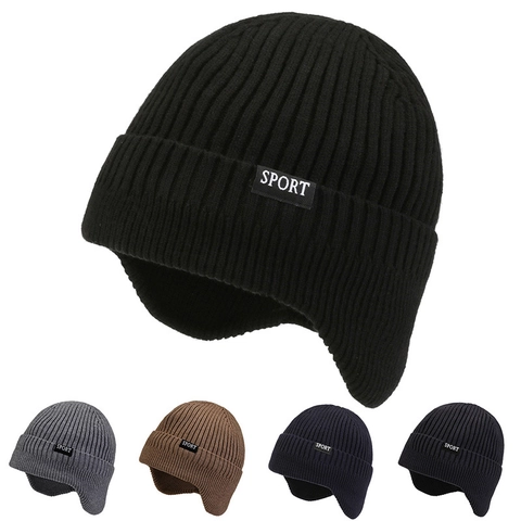 Winter Knit Beanie Hat With Earflaps Thickened Fleece Lined Warm Pullover Cap For Outdoor Sport Men Women