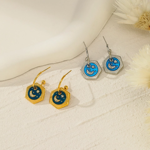 Stainless Steel Star Moon Hexagonal Drop Earrings For Women Blue Enamel Rhinestone Geometric Fashion Drip Oil Jewelry