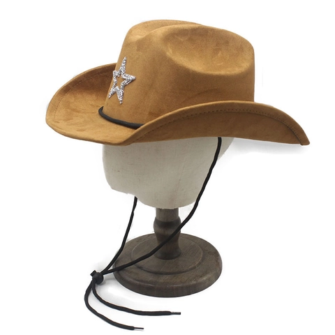 Suede Western Cowboy Hat With Sparkling Star Decor Wide Brim Adjustable Chin Strap Retro Ethnic Style Unisex