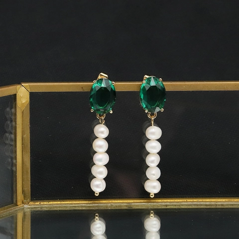 Pendientes Colgantes Retro Franceses Perlas De Agua Dulce Naturales Gema Verde Esmeralda Plata De Ley 925 Elegante Lujo