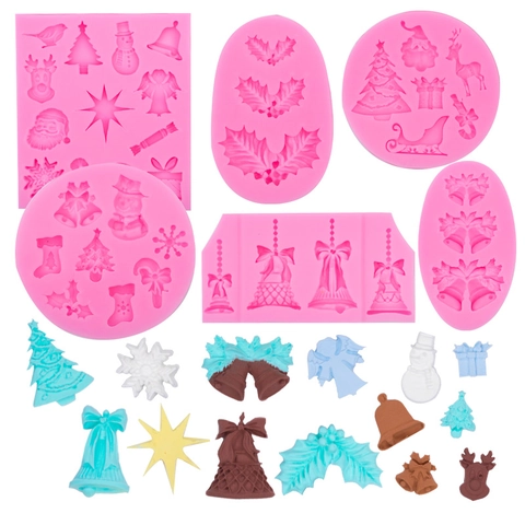 Christmas Silicone Mold DIY Candle Gypsum Chocolate Fondant Tree Snowman Reindeer Bell Snowflake Design Flexible