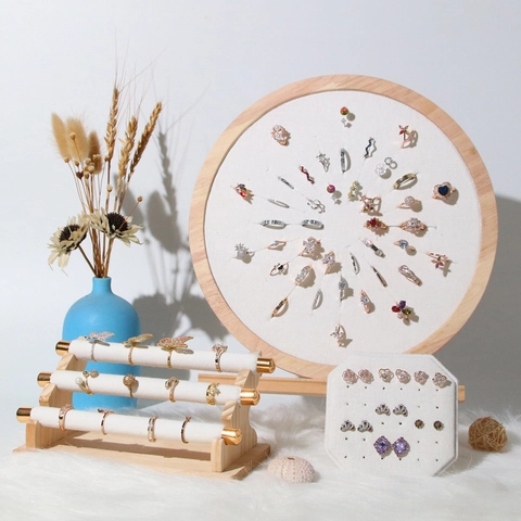 Support Présentoir Bijoux Bois Et Velours Multifonctionnel Boucles Oreilles Bague Bracelet Rack Pour Vente Détail Maison Rangement