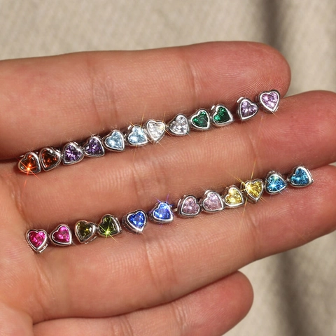 Colorful Heart Stud Earrings Copper Zircon Exquisite Sweet Small Design Fashionable Daily Wear Jewelry For Women
