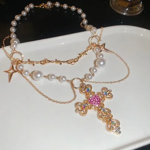 Kreuz Anhänger Halskette Legierung Mehrlagig Imitation Künstliche Perle Pinkes Herz Strass Gothic Y2K Vintage Schmuck Damen